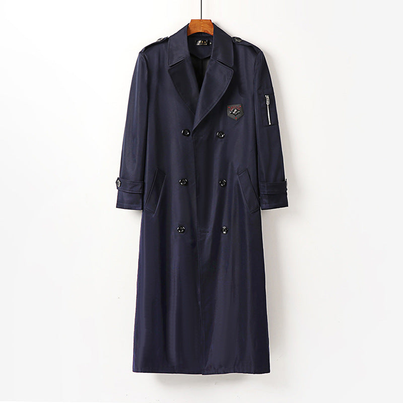 Men's Long Double-Breasted Trench Coat with Belt, Epaulettes and Zipper Sleeve Pocket Chichicherry