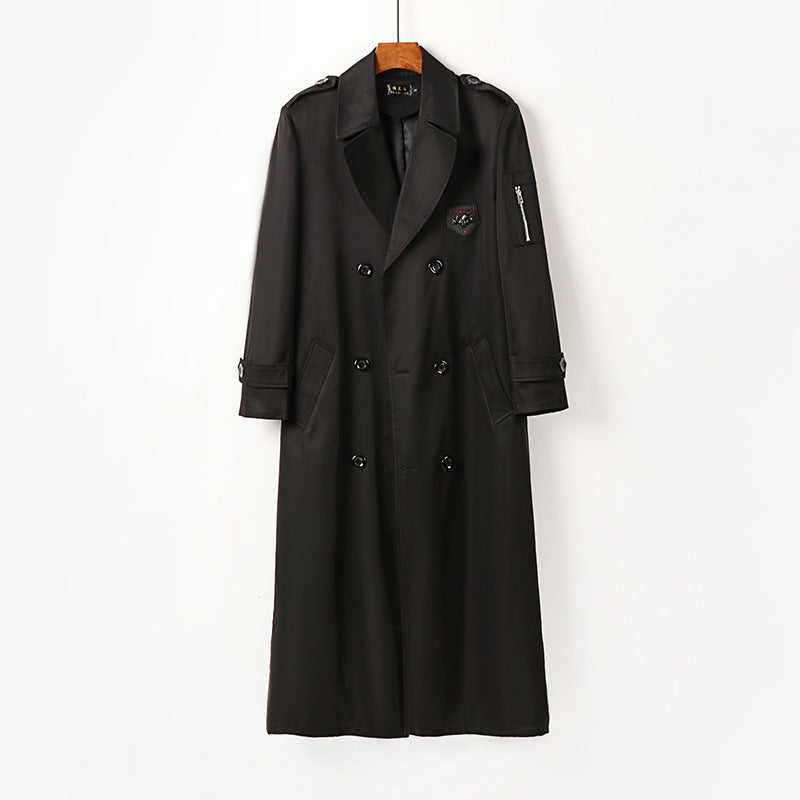 Men's Long Double-Breasted Trench Coat with Belt, Epaulettes and Zipper Sleeve Pocket Chichicherry