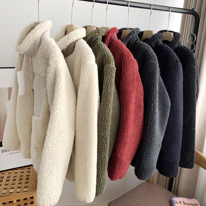 Lamb fleece jacket with stand-up collar and pockets