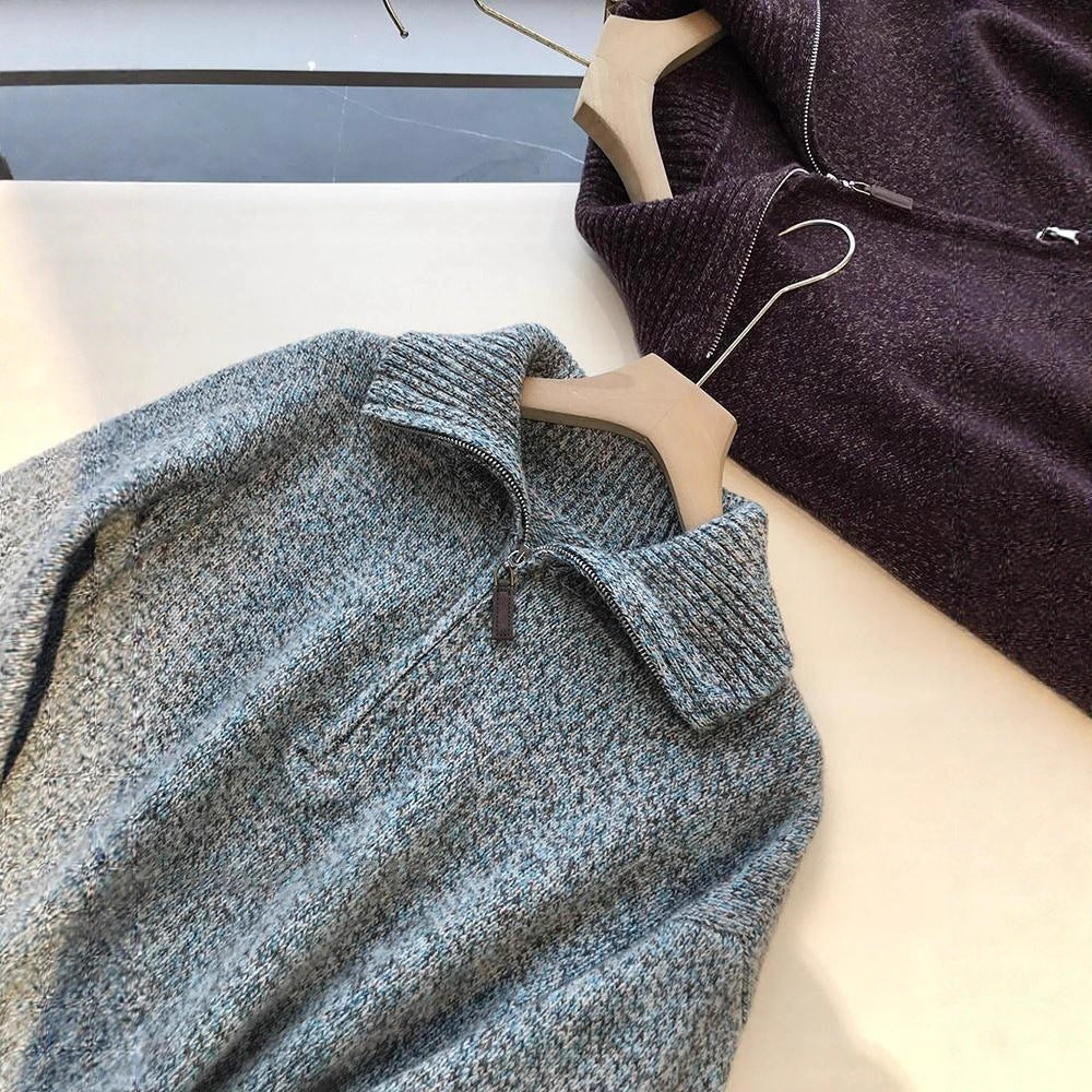 Men's Knit Sweater with Zipper and Stand-up Collar
