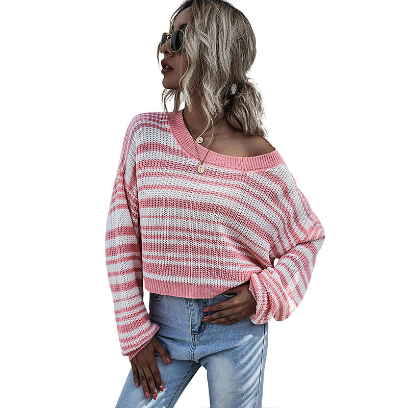 Women’s oversized striped cropped knit sweater with asymmetric off-the-shoulder neckline Chichicherry