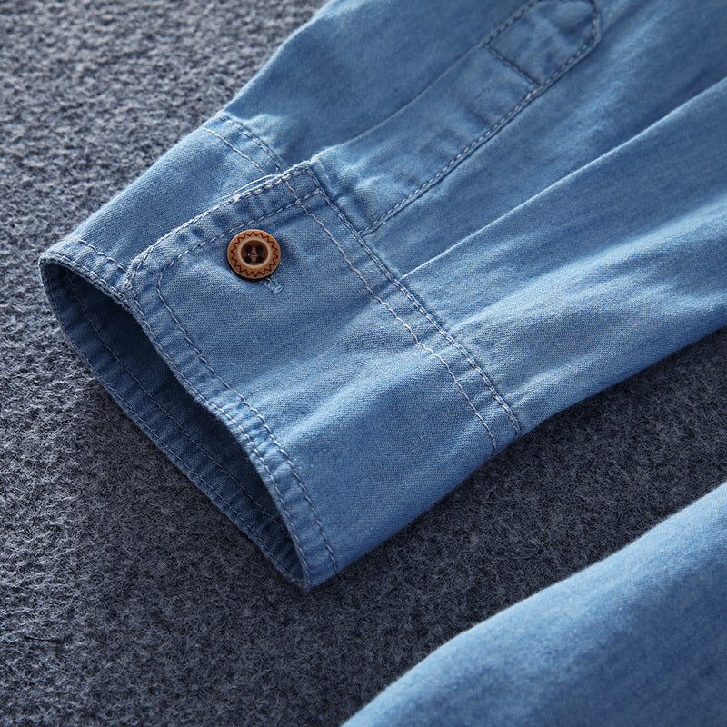 Men's Lightweight Denim Shirt with Chest Pocket and Classic Shirt Collar Chichicherry