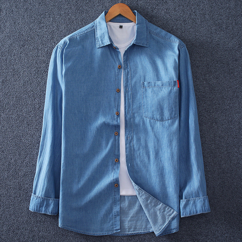 Men's Lightweight Denim Shirt with Chest Pocket and Classic Shirt Collar Chichicherry
