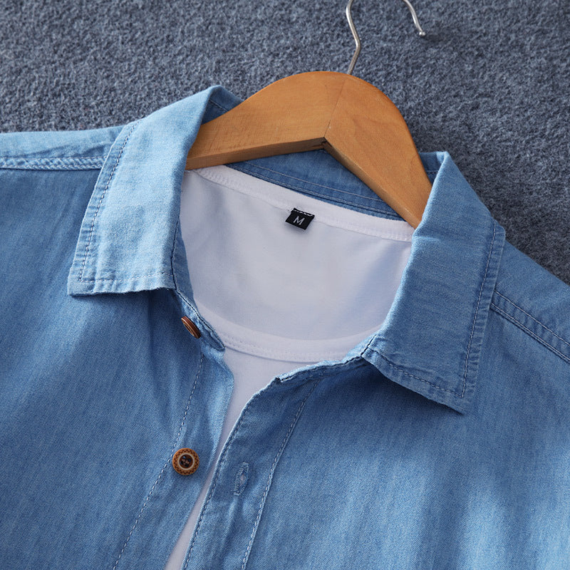 Men's Lightweight Denim Shirt with Chest Pocket and Classic Shirt Collar Chichicherry