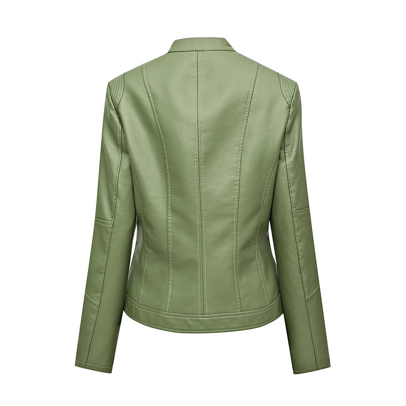 Ladies' Fitted Faux Leather Biker Jacket with Stand-up Collar, Tailored Seams, and Zipper Pockets Chichicherry