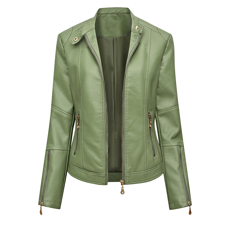 Ladies' Fitted Faux Leather Biker Jacket with Stand-up Collar, Tailored Seams, and Zipper Pockets Chichicherry
