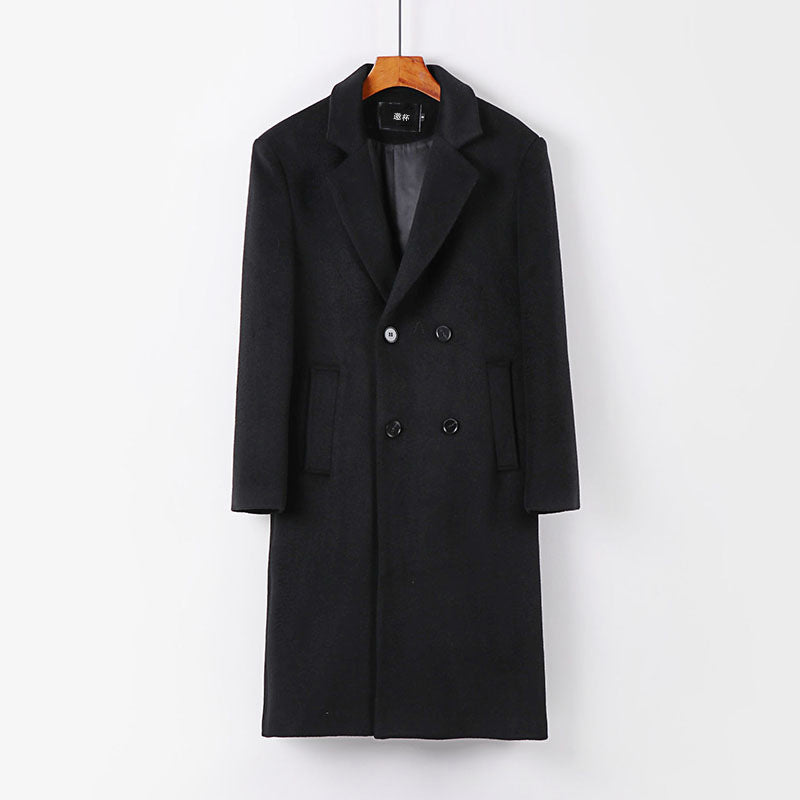 Men's Elegant Wool Blend Long Coat with Double-Breasted Front and Draped Lapel Chichicherry