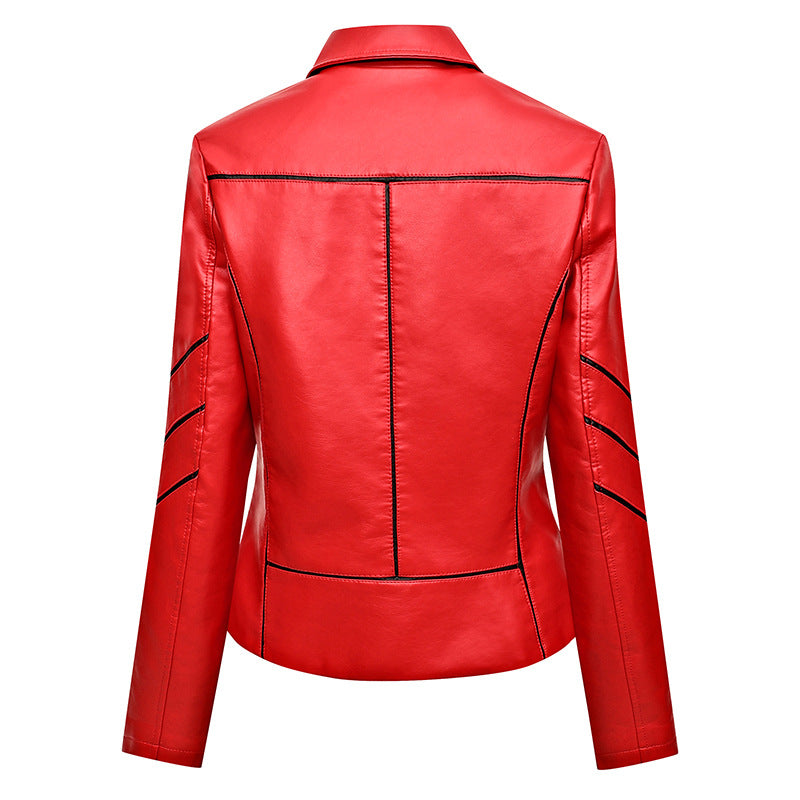 Women's Tailored Faux Leather Biker Jacket with Decorative Seams and Zipper Pockets Chichicherry