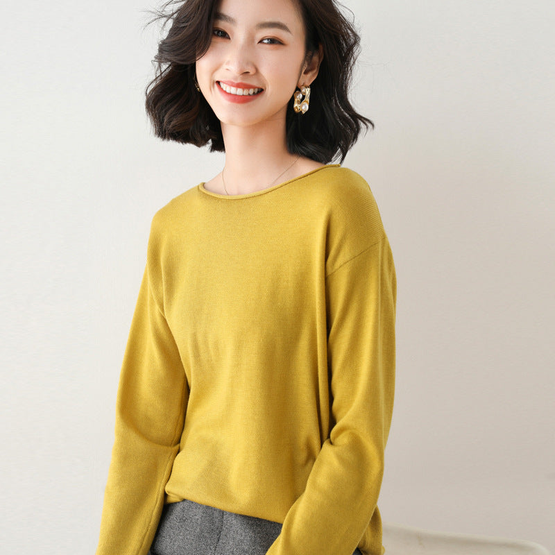 Women Lightweight Fine Knit Sweater with Wide Round Neckline and Casual Cut Chichicherry