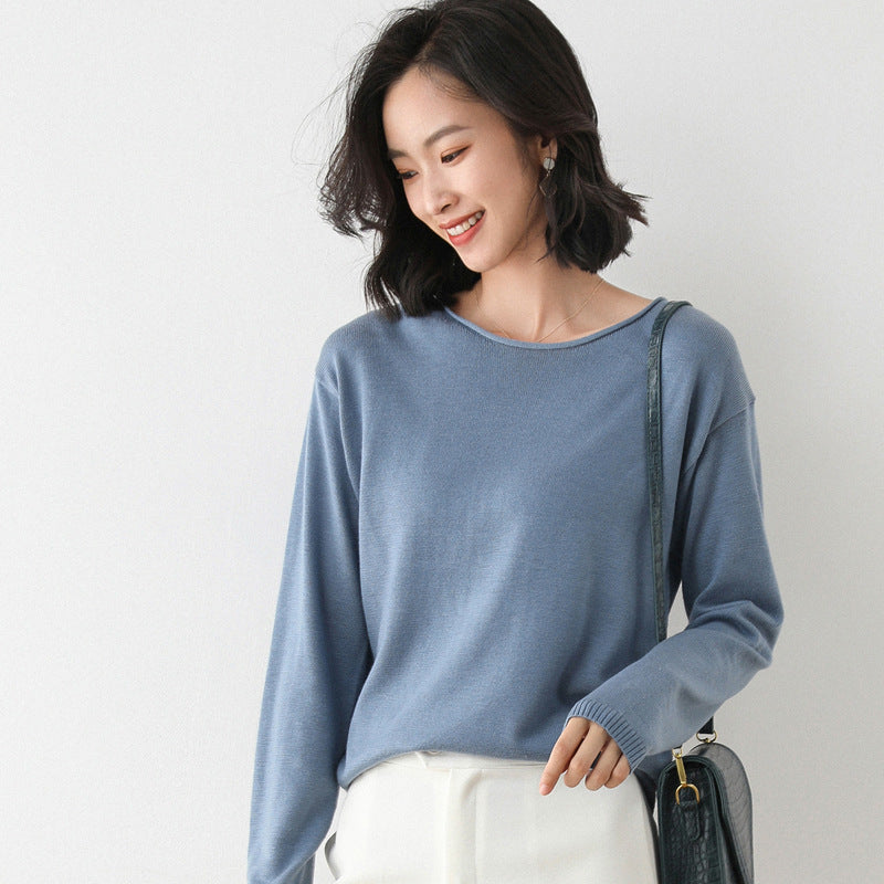 Women Lightweight Fine Knit Sweater with Wide Round Neckline and Casual Cut Chichicherry