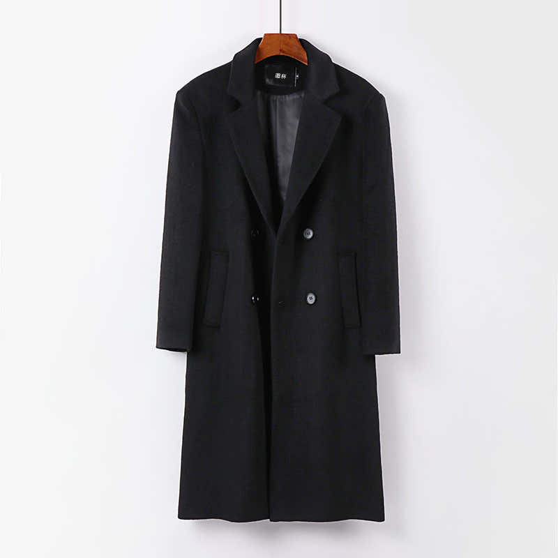 Men's Elegant Wool Blend Long Coat with Double-Breasted Front and Draped Lapel Chichicherry