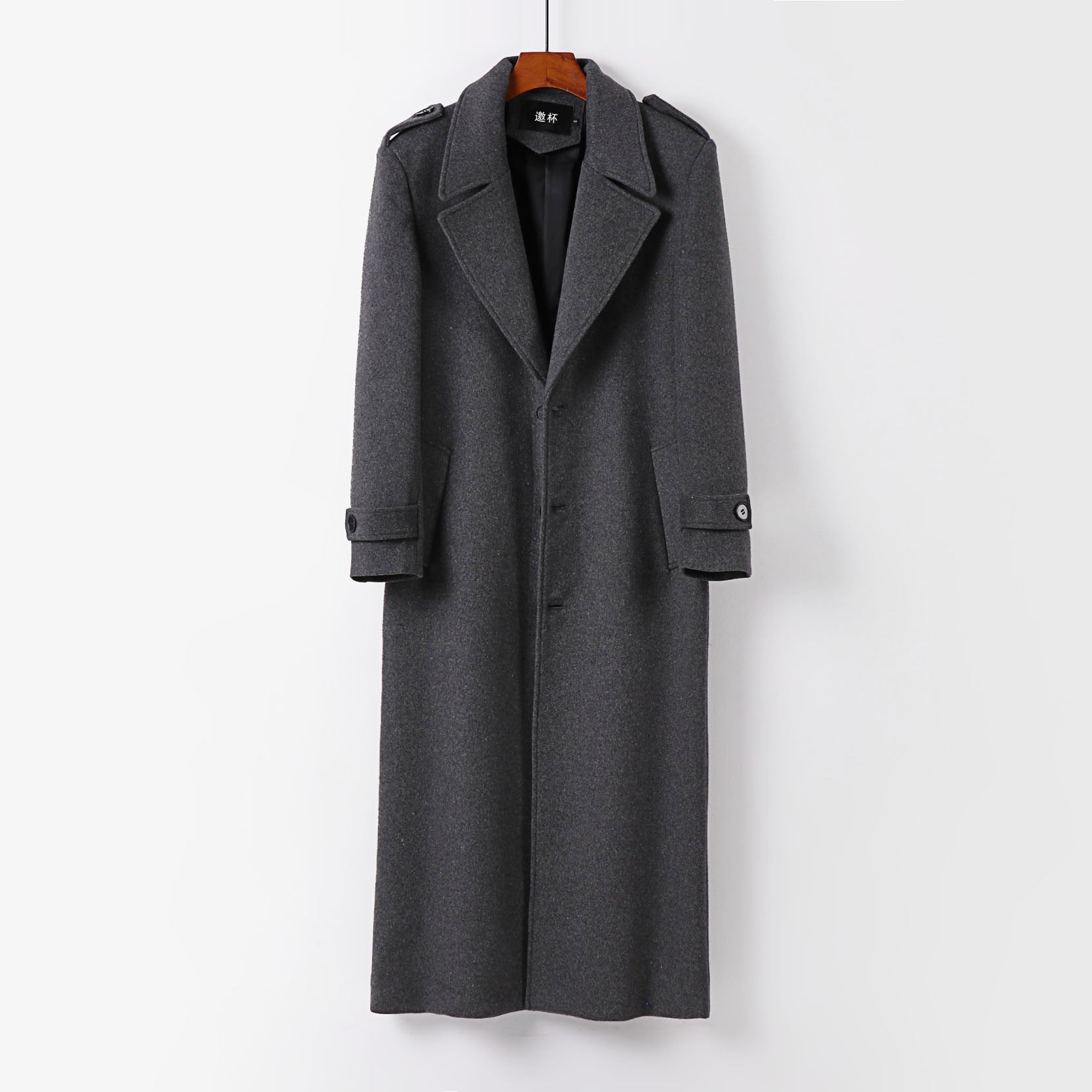 Men's Maxi Length Single-Breasted Wool Coat with Shawl Collar Shoulder Patches and Tie Belt Chichicherry