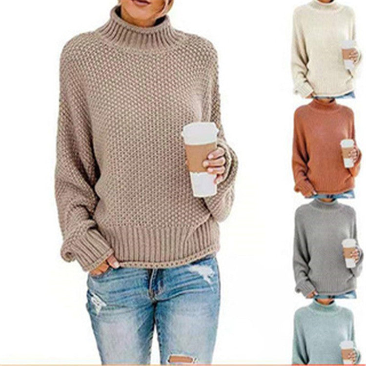 Women Chunky Knit Boxy Turtleneck Sweater with Textured Waffle Look and Ribbed Hem Chichicherry