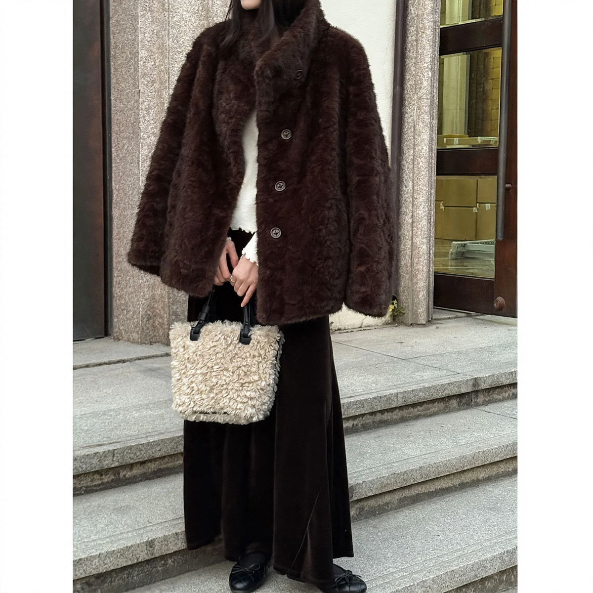 Women's faux fur jacket with standing collar, lined, model 52003