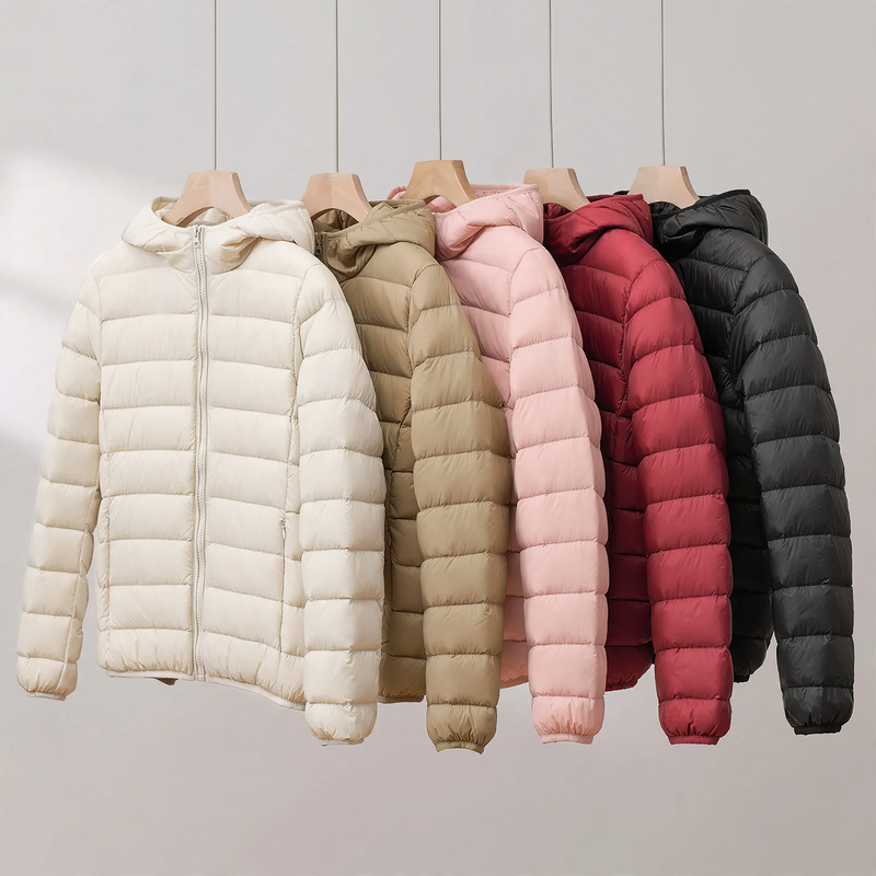 Light women's down jacket, short, with hood