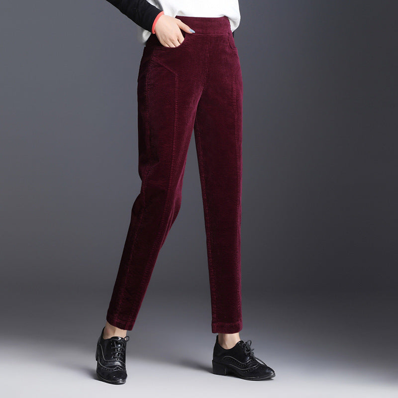 Women's corduroy pants, shortened, high waistband