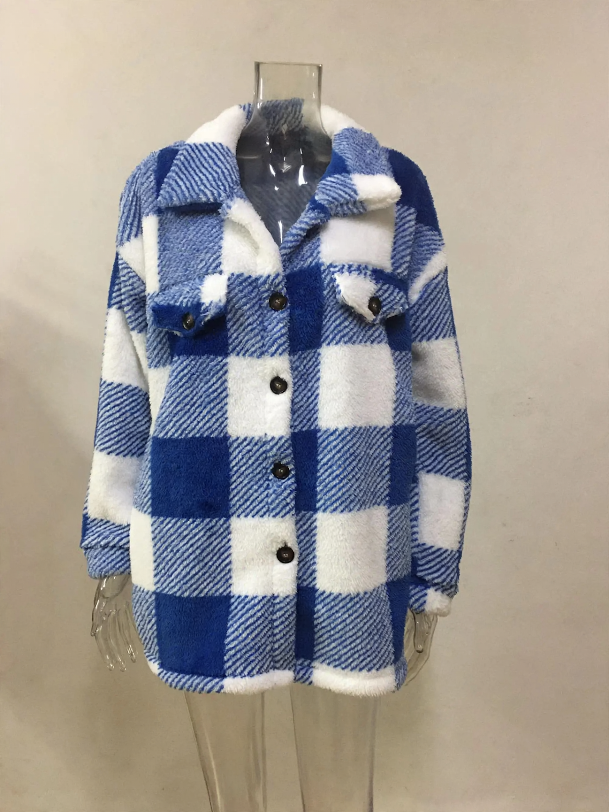 Checkered jacket made of lamb fleece imitation with pockets