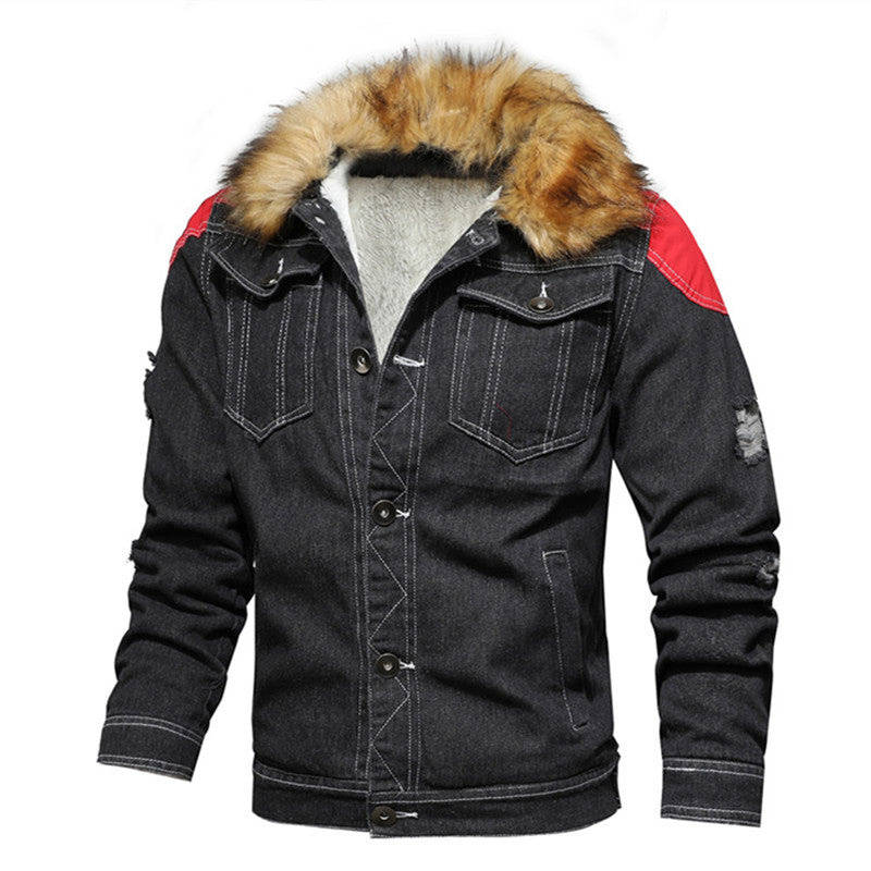 Men's Denim Worker Jacket with Faux Fur Collar, Teddy Lining and Red Shoulder Patches Chichicherry