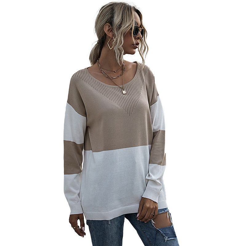 Women's Loose Knit Sweater in Block Pattern with V-Lace Detail Chichicherry