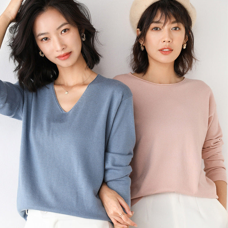 Women's Casual Fine Knit V-Neck Sweater with Dropped Shoulders Chichicherry