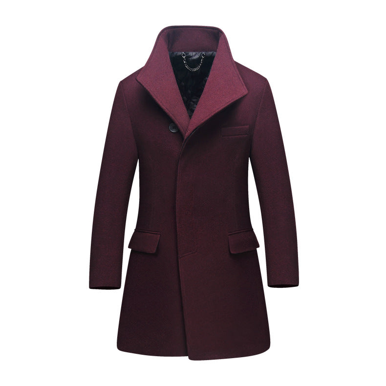 Men's Slim Wool Blend Overcoat with High Stand Collar and Quilted Thermal Lining Chichicherry