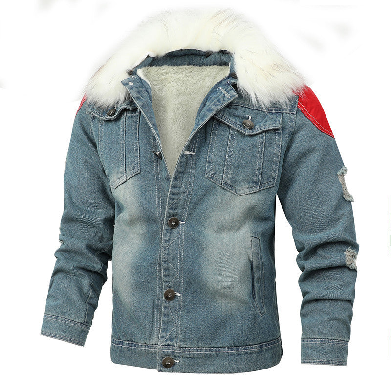 Men's Denim Worker Jacket with Faux Fur Collar, Teddy Lining and Red Shoulder Patches Chichicherry
