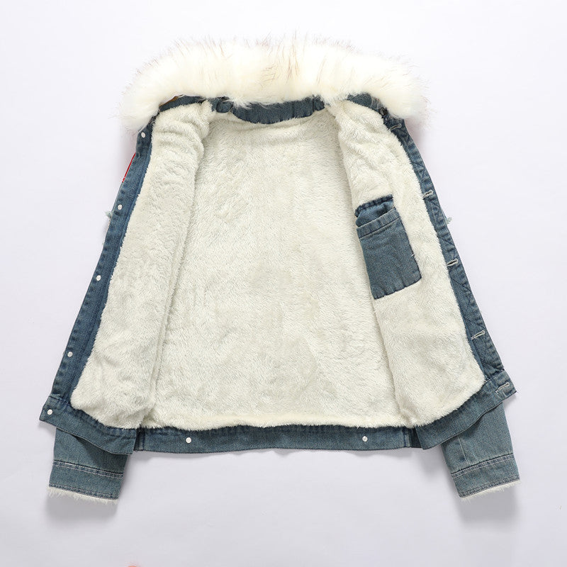Men's Denim Worker Jacket with Faux Fur Collar, Teddy Lining and Red Shoulder Patches Chichicherry