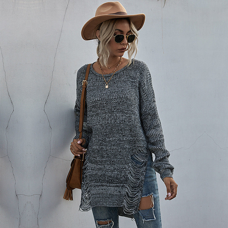 Women's chunky knit long sweater with side fringes and ribbed hem Chichicherry