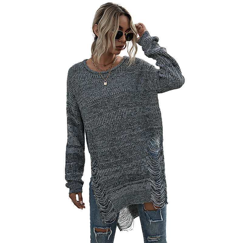 Women's chunky knit long sweater with side fringes and ribbed hem Chichicherry