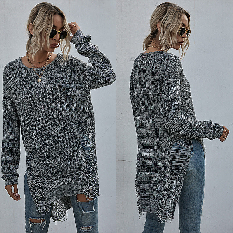 Women's chunky knit long sweater with side fringes and ribbed hem Chichicherry