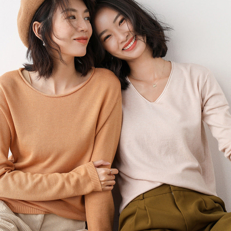 Women's Casual Fine Knit V-Neck Sweater with Dropped Shoulders Chichicherry