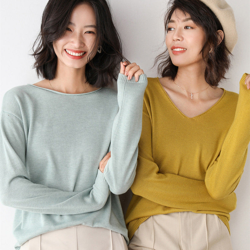 Women's Casual Fine Knit V-Neck Sweater with Dropped Shoulders Chichicherry