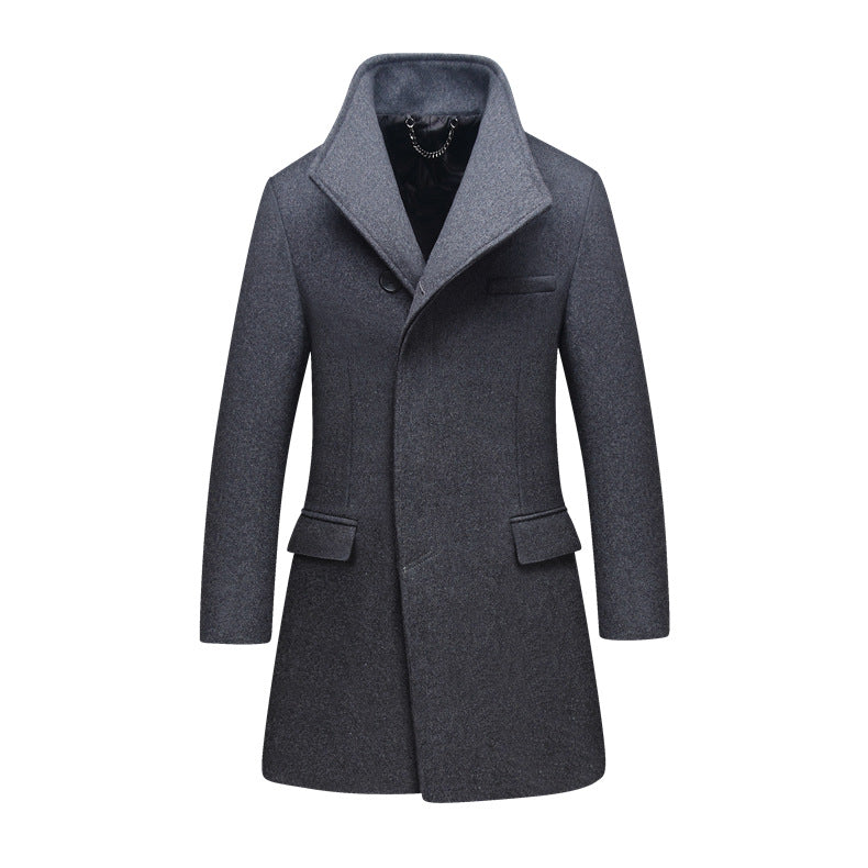 Men's Slim Wool Blend Overcoat with High Stand Collar and Quilted Thermal Lining Chichicherry