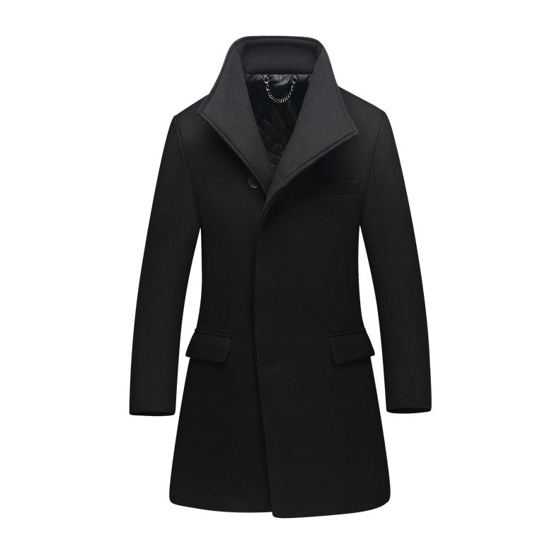 Men's Slim Wool Blend Overcoat with High Stand Collar and Quilted Thermal Lining Chichicherry