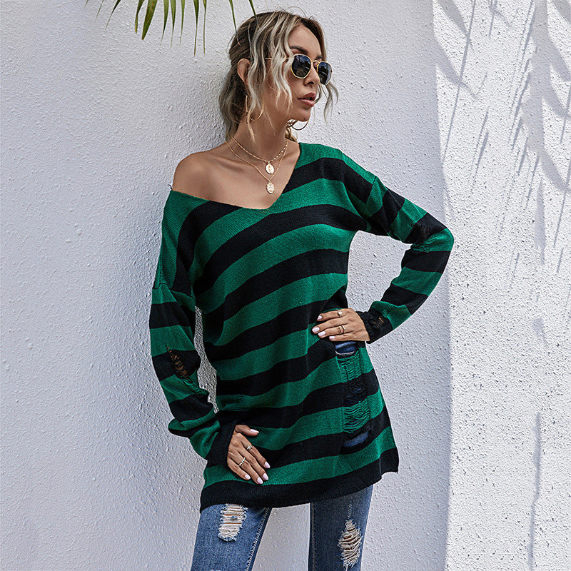Women Striped Oversized Knit Pullover with V-Neck and Distressed Details Chichicherry