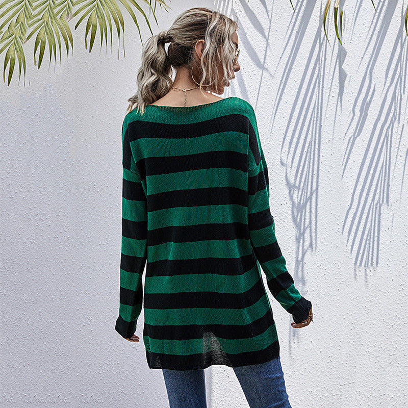 Women Striped Oversized Knit Pullover with V-Neck and Distressed Details Chichicherry