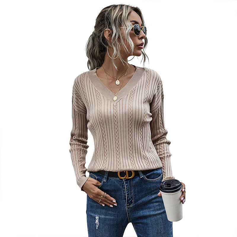 Women's Fitted Ribbed V-Neck Sweater with Openwork and Cable Knit Pattern Chichicherry