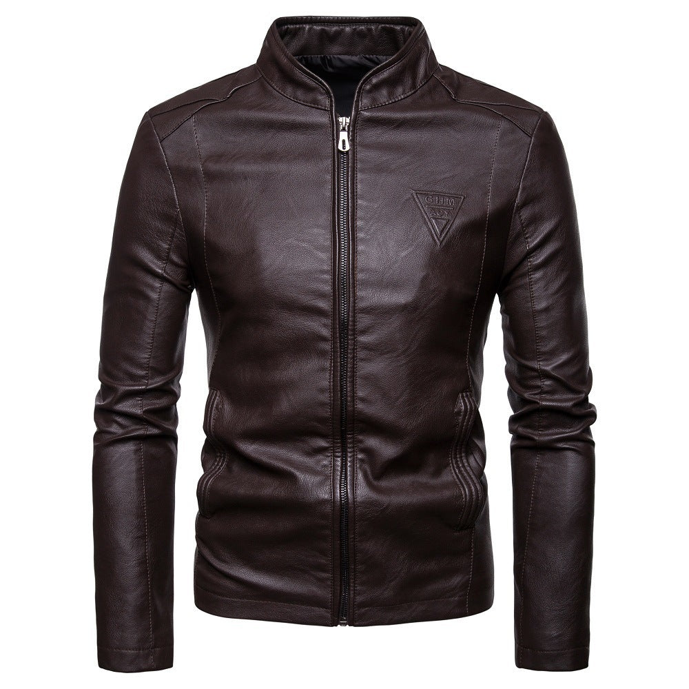 Men's Slim Faux Leather Moto Jacket with Ergonomic Seams and Embossed Brand Logo Chichicherry