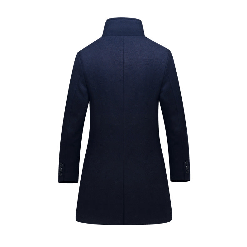 Men's Slim Wool Blend Overcoat with High Stand Collar and Quilted Thermal Lining Chichicherry