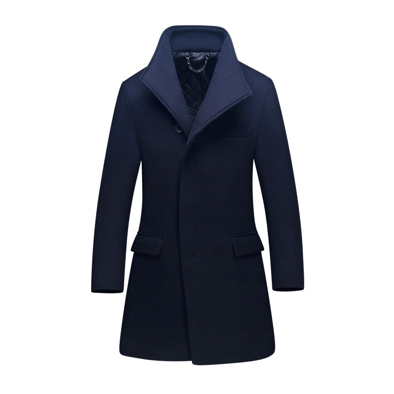 Men's Slim Wool Blend Overcoat with High Stand Collar and Quilted Thermal Lining Chichicherry