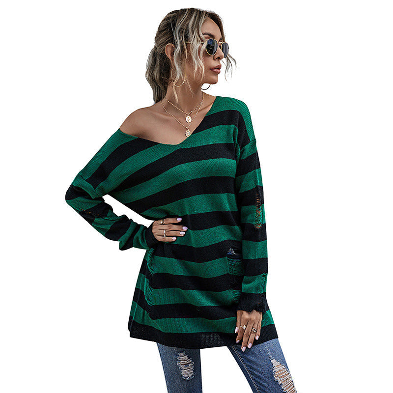 Women Striped Oversized Knit Pullover with V-Neck and Distressed Details Chichicherry