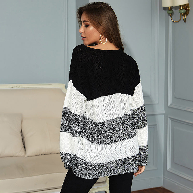 Ladies Oversize Long Sweater with Block Stripes and Round Neckline Chichicherry