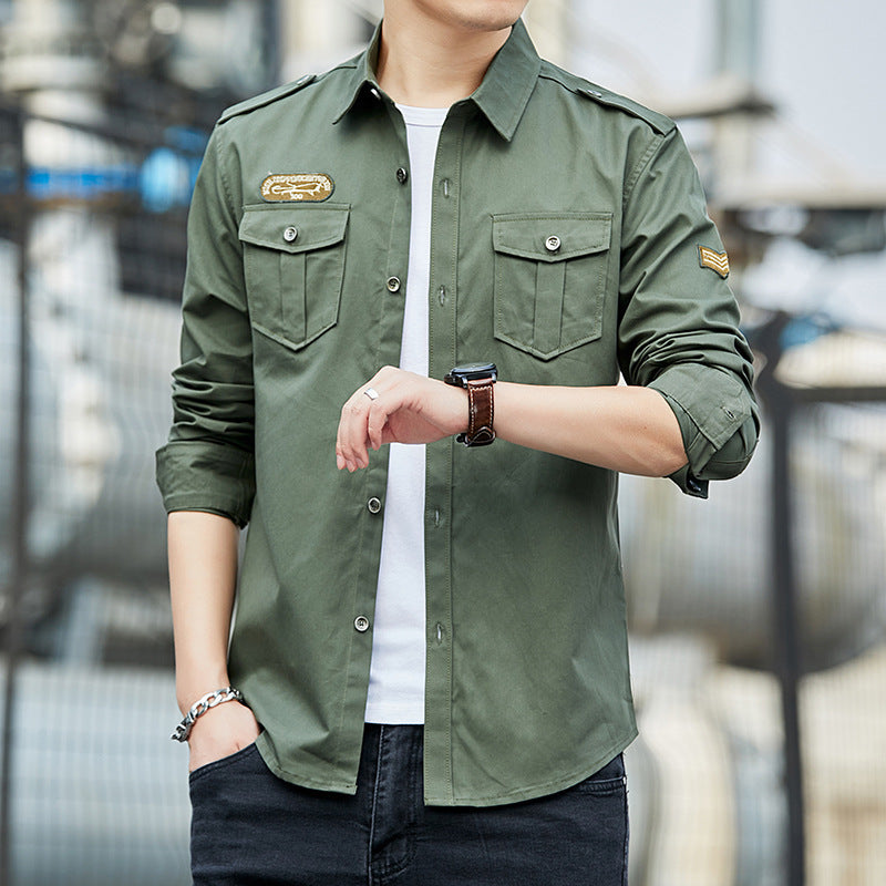 Men's Cotton Field Shirt in Military Style with Shoulder Epaulettes and Chest Flap Pockets Chichicherry