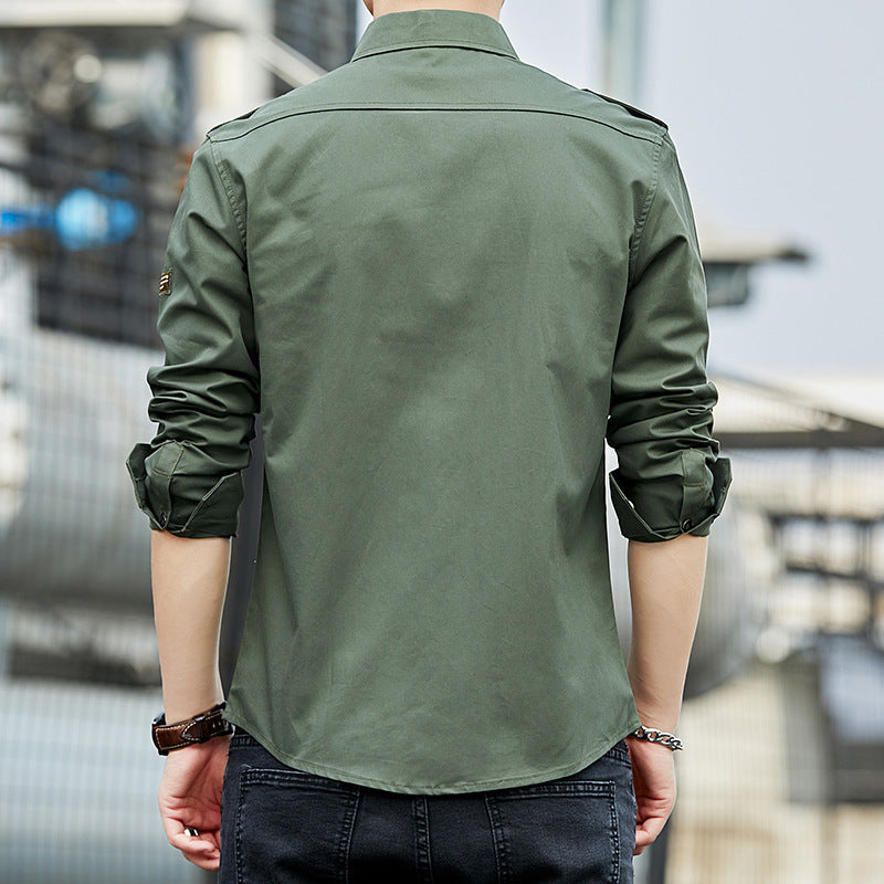 Men's Cotton Field Shirt in Military Style with Shoulder Epaulettes and Chest Flap Pockets Chichicherry