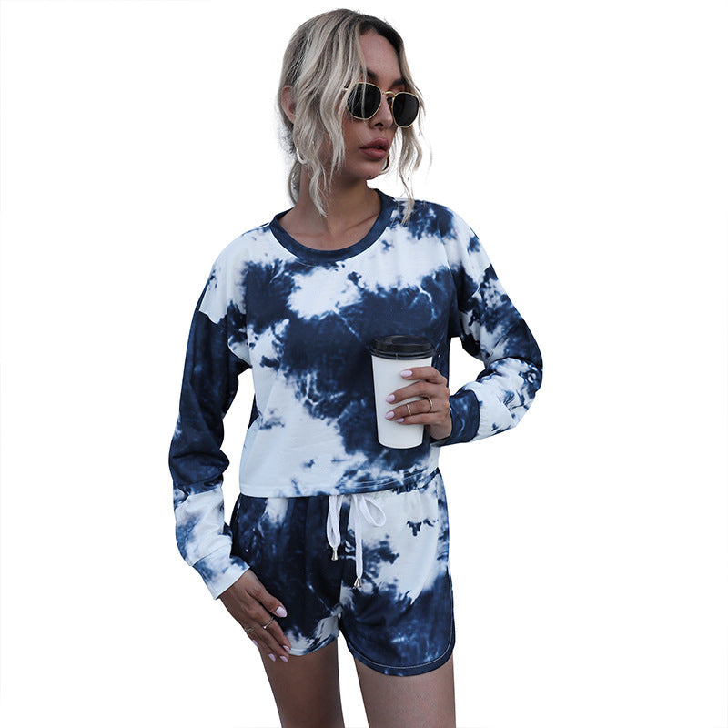 Women Two-Piece Lounge Set made of Cotton Blend with Tie-Dye Print, Cropped Sweatshirt & Elastic Shorts Chichicherry