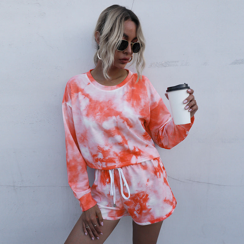 Women Two-Piece Lounge Set made of Cotton Blend with Tie-Dye Print, Cropped Sweatshirt & Elastic Shorts Chichicherry