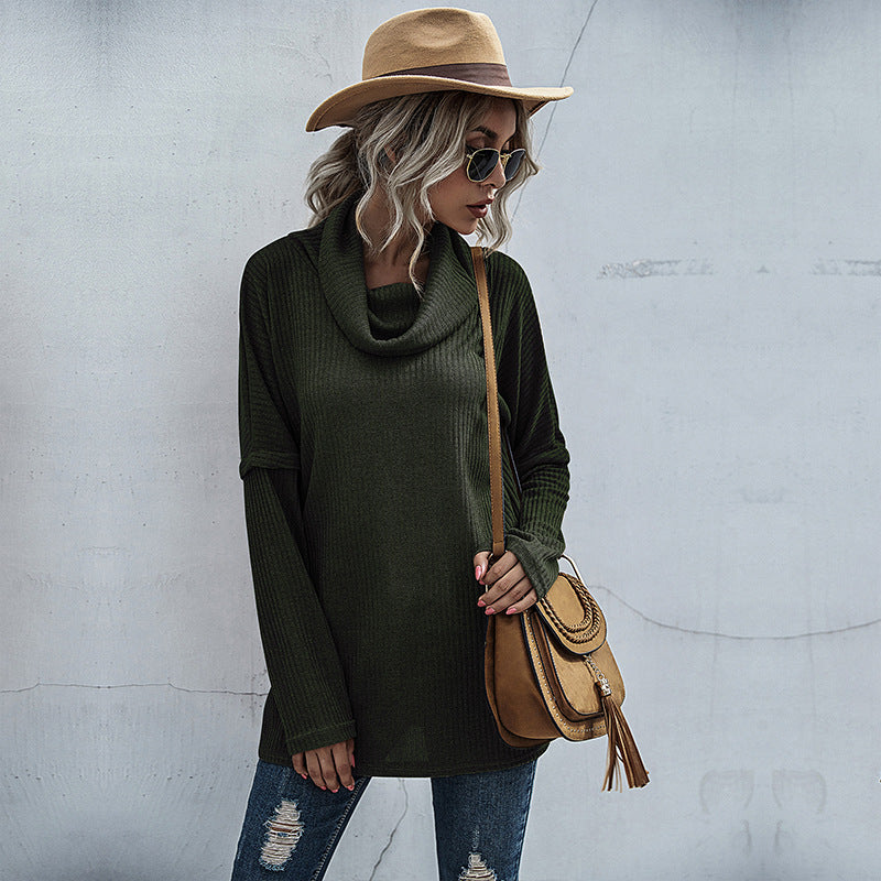 Women's Oversized Fine Knit Tunic with Wide Roll Neck and Ribbed Structural Knit