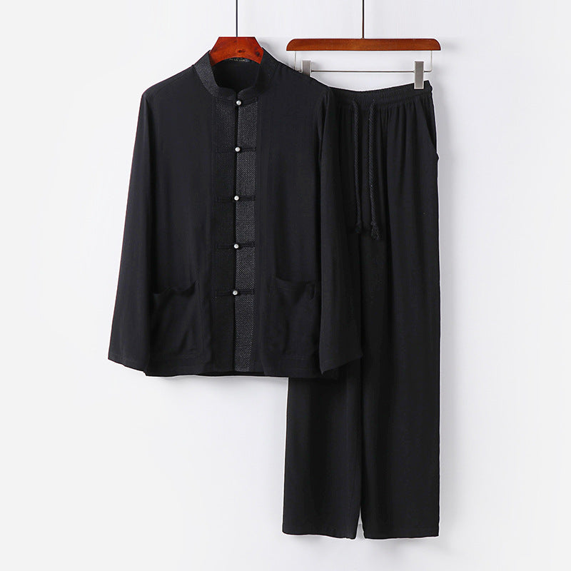 Men's Traditional Cotton Loungewear Set with Stand Collar, Knot Buttons and Drawstring Pants Chichicherry