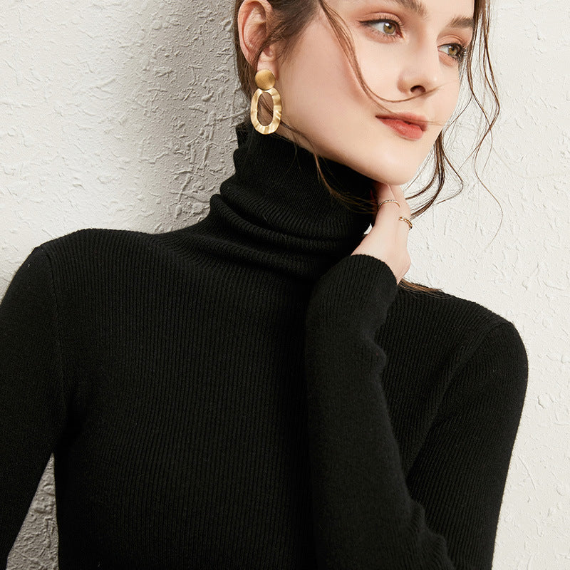Women's Figure-hugging Ribbed Turtleneck Sweater with Short Hem and Soft Draping Chichicherry