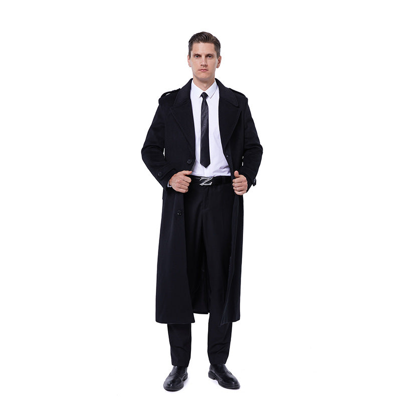 Men's Floor-Length Wool Blend Overcoat with Narrow Shawl Collar and Textured Weave Optics Chichicherry